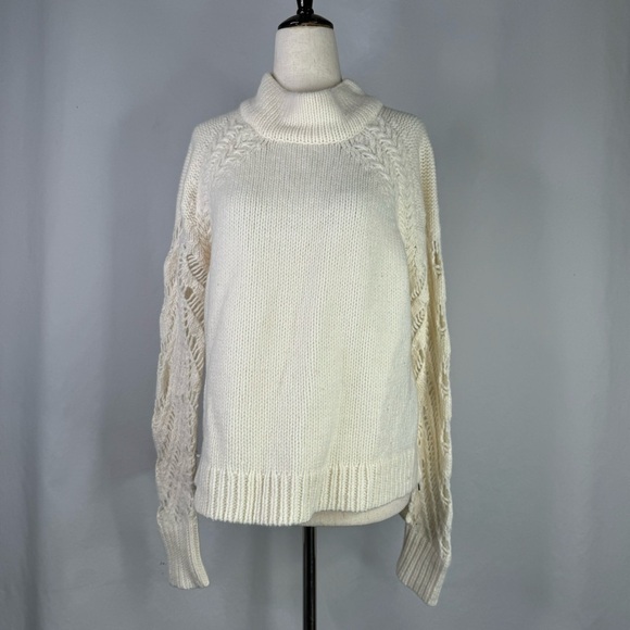 French Connection sweater wool blend mock neck ivory cream lace sleeves zipper M - Picture 1 of 10